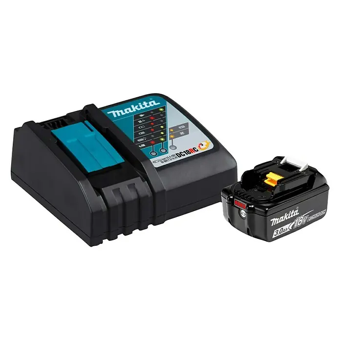 Makita LXT 18V Kit de arranque - 18 V, 1 batería, 3 Ah - La imagen muestra un cargador Makita DC18RC con una batería de 3.0Ah 18V. El cargador es negro con detalles turquesa.