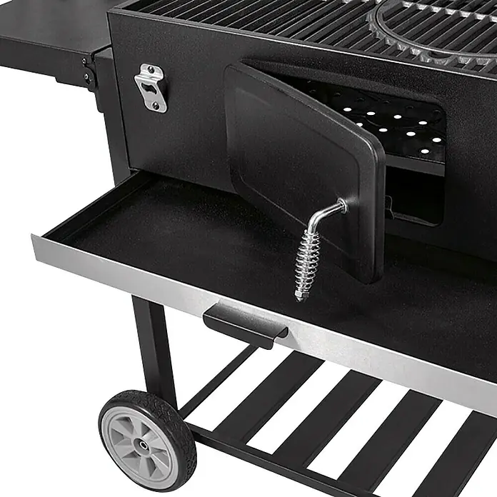 Kingstone KMS Barbacoa de carbón Black Angus XXL - Superficie de la parrilla (An x Pr): 70 x 43 cm, Negro - Primer plano de una parrilla de carbón con puerta abierta, estante y rueda.