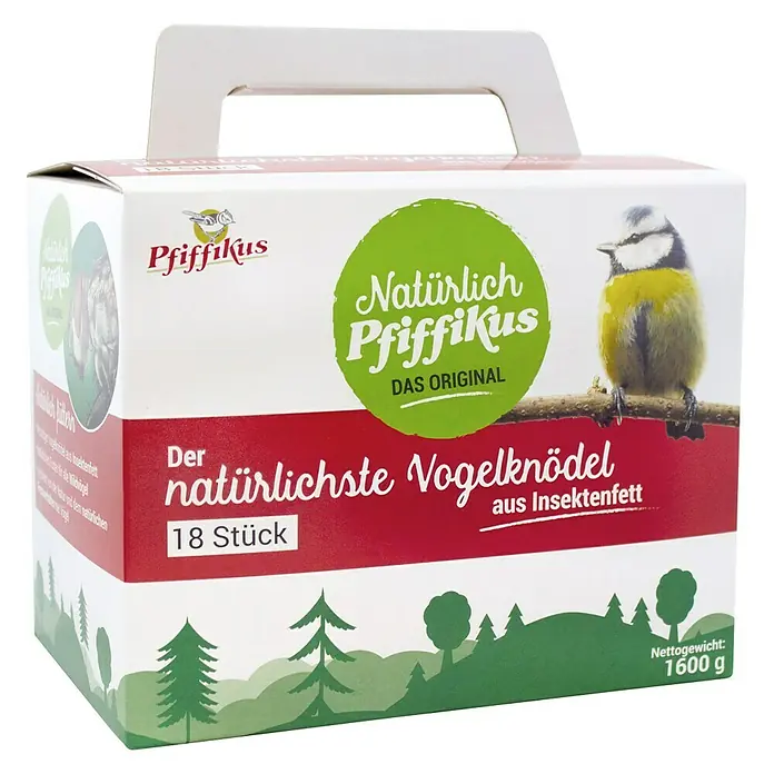 Pfiffikus Wildvogelfutter Insektenfettknödel - 1.600 g, 18 Stk. - Eine Packung Pfiffikus "Natürlich" Vogelknödel mit 18 Stück aus Insektenfett, ideal für die Fütterung von Wildvögeln.
