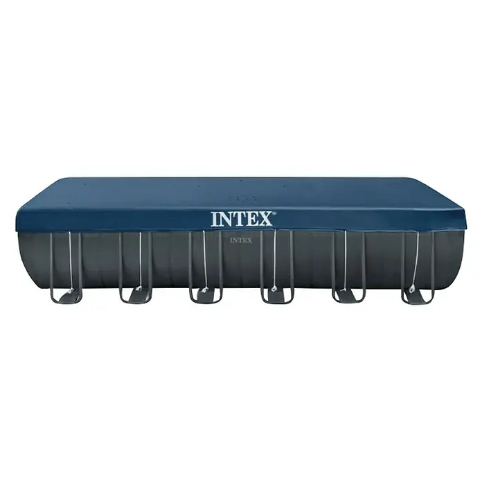 Intex Frame-Pool Ultra Quadra XTR - L x B x H: 732 x 366 x 132 cm, Dunkelgrau, 31.800 l, Krystal Clear Sandfilteranlage & Salzwassersystem QX2100 - Intex Poolabdeckung: Rechteckige, dunkelblaue Poolabdeckung von Intex für rechteckige Pools. Schützt das Wasser vor Schmutz und Blättern.