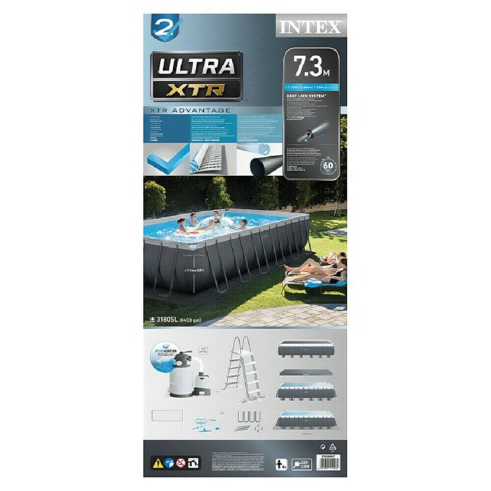 Intex Frame-Pool Ultra Quadra XTR (L x B x H: 732 x 366 x 132 cm, Dunkelgrau, 31 800 l, Krystal Clear Sandfilteranlage & Salzwassersystem QX2100) | BAUHAUS
