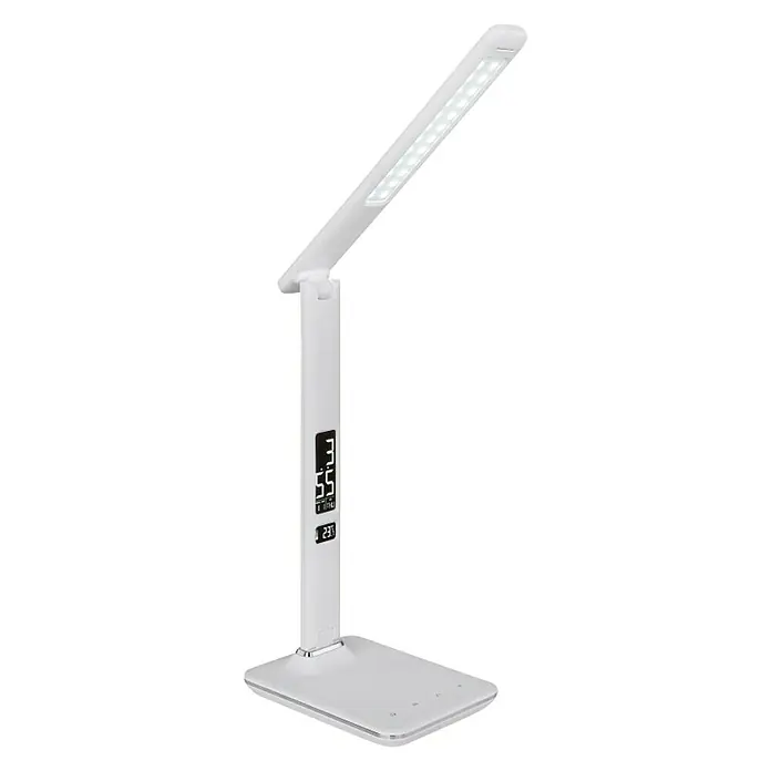 Globo LED-Tischleuchte Tanna - 7 W, L x B x H: 55 x 14 x 59 cm, Weiß, Kaltweiß - Nahaufnahme einer modernen, weißen LED-Schreibtischlampe mit integriertem Display, das Zeit und Temperatur anzeigt.