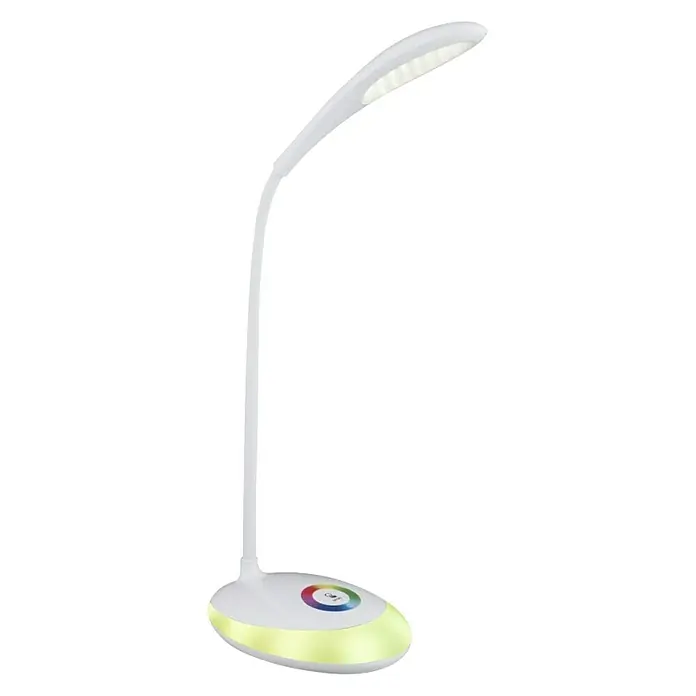 Globo LED-Tischleuchte Minea - 4,4 W, L x B x H: 30 x 11 x 48 cm, Weiß, Transparent, Neutralweiß - Weiße LED-Schreibtischlampe mit farbiger Basisbeleuchtung, ideal für Büro oder Kinderzimmer. Flexibler Arm und energiesparende Technologie.