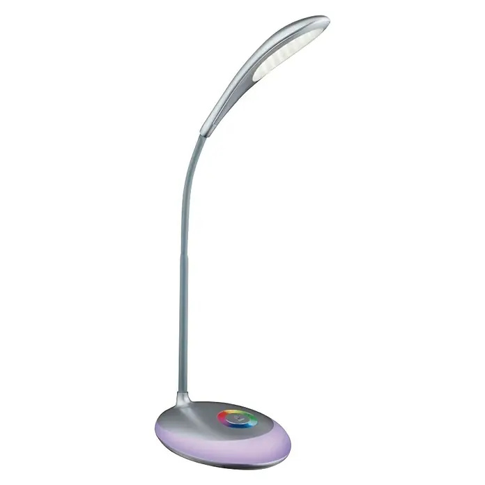 Globo LED-Tischleuchte Minea - 4,4 W, L x B x H: 30 x 11 x 48 cm, Silber Metallic, Transparent, Neutralweiß - Elegante LED-Schreibtischlampe in Silber. Modernes Design für Büro oder Zuhause, mit farbwechselndem Sockel für stimmungsvolles Licht.