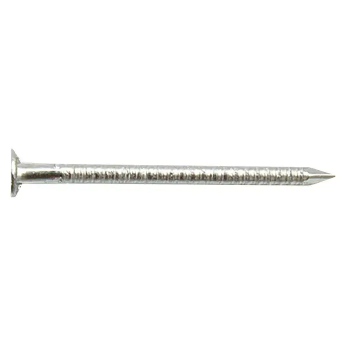 BaukulitVox Punta de acero templado - Acero inoxidable, Largo: 30 mm, Diámetro: 2 mm, 100 ud. - Primer plano de un solo clavo de alambre plateado con cabeza plana y punta afilada, sobre un fondo negro.