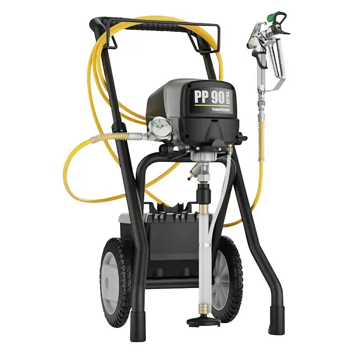 Wagner High Efficiency Airless Sistema de pulverización de pintura Power Painter 90 - 800 W, Caudal: 1,9 l/min - La imagen muestra un pulverizador de pintura PowerPainter PP 90 Extra en un carro, diseñado para uso profesional.