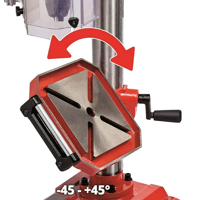 Einhell Taladro de columna TE-BD 750 E - 750 W, 450 r.p.m. - 2.500 r.p.m. - Primer plano de un taladro de columna que muestra una función de rotación de la mesa con un ángulo de -45 a +45 grados.