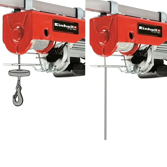 Einhell Polipasto TC-EH 1000 - 18 m, 1.600 W, 230 V - 240 V - Ilustración del polipasto eléctrico de cable Einhell TC-EH 1000, mostrando su potencia en la elevación de cargas pesadas.