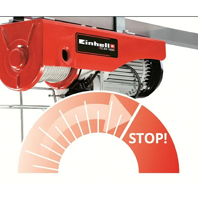 Einhell Polipasto TC-EH 1000 - 18 m, 1.600 W, 230 V - 240 V - Un polipasto eléctrico rojo Einhell TC-EH 1000, acompañado de una advertencia de "¡STOP!".