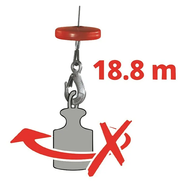 Einhell Polipasto TC-EH 1000 - 18 m, 1.600 W, 230 V - 240 V - Imagen de un polipasto con restricción de peso simbolizada por una X roja, indicando que la elevación podría no ser adecuada. Altura máxima de elevación de 18,8 m.