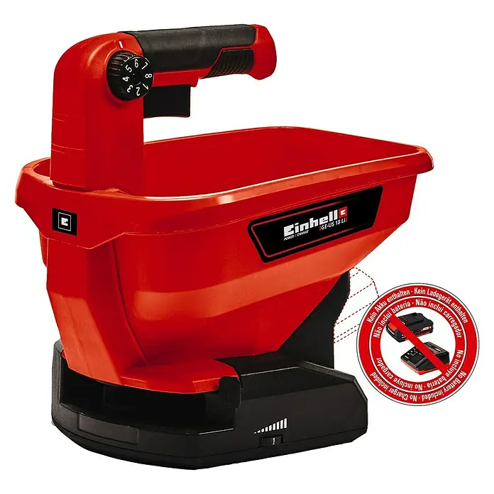 Einhell Power X-Change 18V Handstreuer GE-US 18 Li-Solo - Streubreite: 5 m, Fassungsvermögen: 3,3 l - Das Bild zeigt einen roten Einhell GE-US 18 Li Universalstreuer mit schwarzem Griff und einer Anzeige.