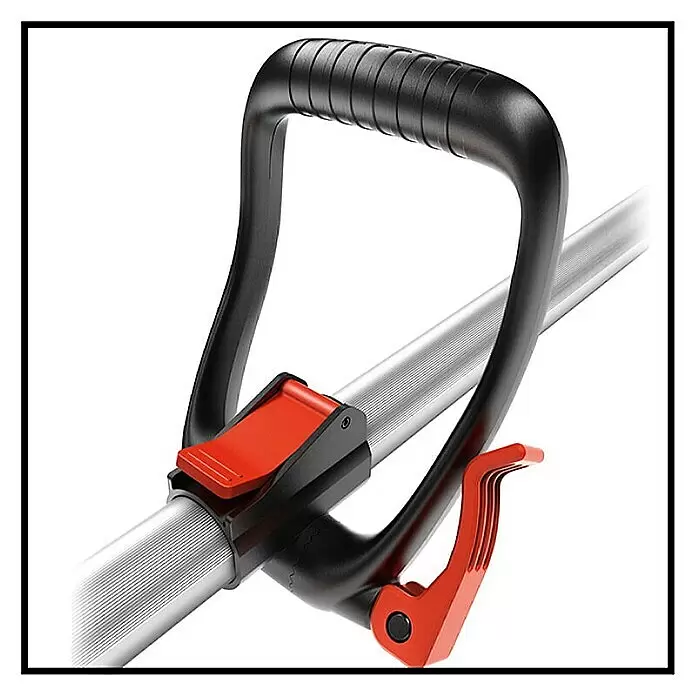 Einhell PXC 18V Cortasetos de batería GE-HH 18/45 Li T-Solo - 18 V, Iones de litio, Sin batería, Longitud de corte: 40 cm - Mango ergonómico negro con agarre texturizado y palancas de ajuste naranjas sobre un eje estriado plateado.