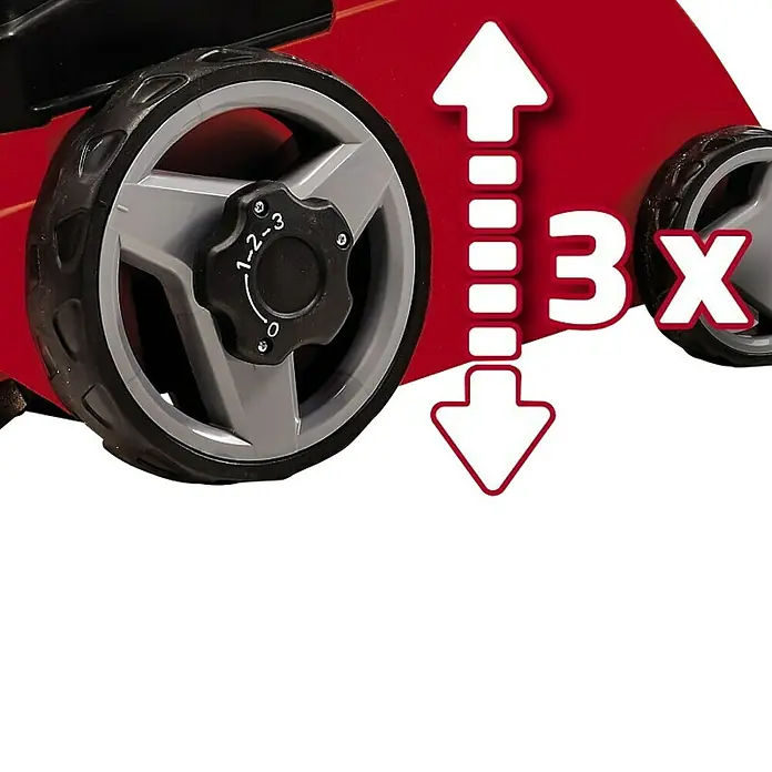 Einhell PXC 18V Escarificador de batería GC-SC 36/31 Li-Solo - Número de baterías: Sin batería, 18 V, Anchura de trabajo: 31 cm - Primer plano de la rueda de un cortacésped que muestra un ajuste de altura triple.