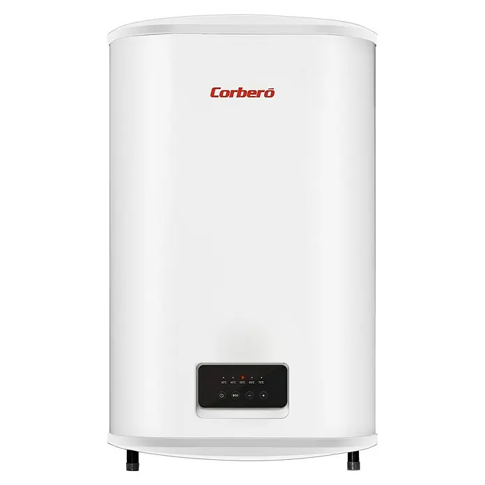 Corberó Termo eléctrico CTM750FL Flat - 80 l, 2.000 W, Montaje en la pared - Un primer plano de un calentador de agua blanco Corberó, que destaca su diseño moderno y los controles digitales para la gestión de la temperatura.