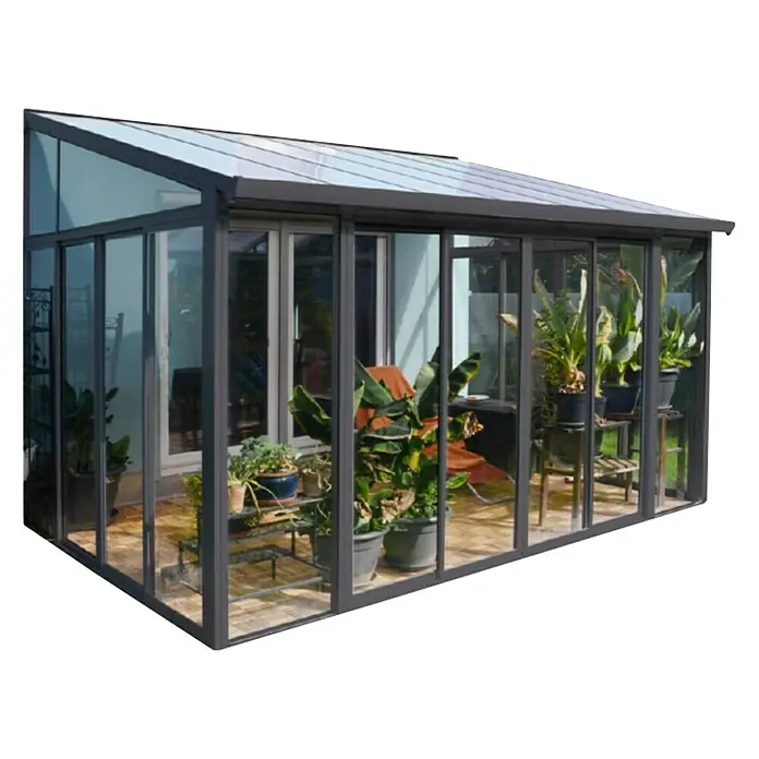 Palram – Canopia Porche acristalado San Remo - An x Pr x Al: 4,25 x 3 x 3,1 m, Gris antracita - La imagen muestra un invernadero con paredes de vidrio y plantas en su interior, con un techo transparente que permite la entrada de mucha luz.