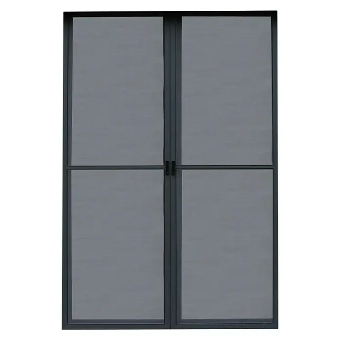 Palram – Canopia Porche acristalado San Remo - An x Pr x Al: 4,25 x 3 x 3,1 m, Gris antracita - Puerta doble con paneles grises y marco negro, ideal para interiores modernos. La puerta ofrece estilo y funcionalidad.