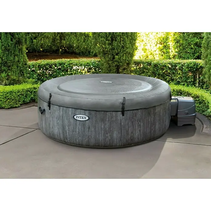 Intex Pure Spa Hidromasaje móvil Greywood Deluxe - Ø x Al: 196 x 71 cm, Gris/Blanco, 795 l - Jacuzzi Intex con aspecto de madera gris y cubierta para momentos de relajación en tu jardín.