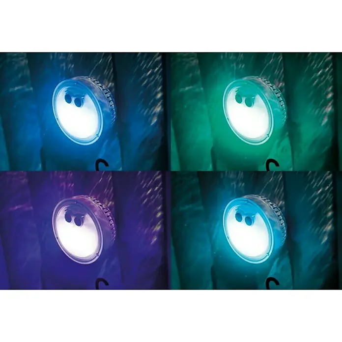 Intex Pure Spa Hidromasaje móvil Greywood Deluxe - Ø x Al: 196 x 71 cm, Gris/Blanco, 795 l - La imagen muestra una luz subacuática en diferentes colores, creando un ambiente que mejora el estado de ánimo. Ideal para piscinas o estanques.