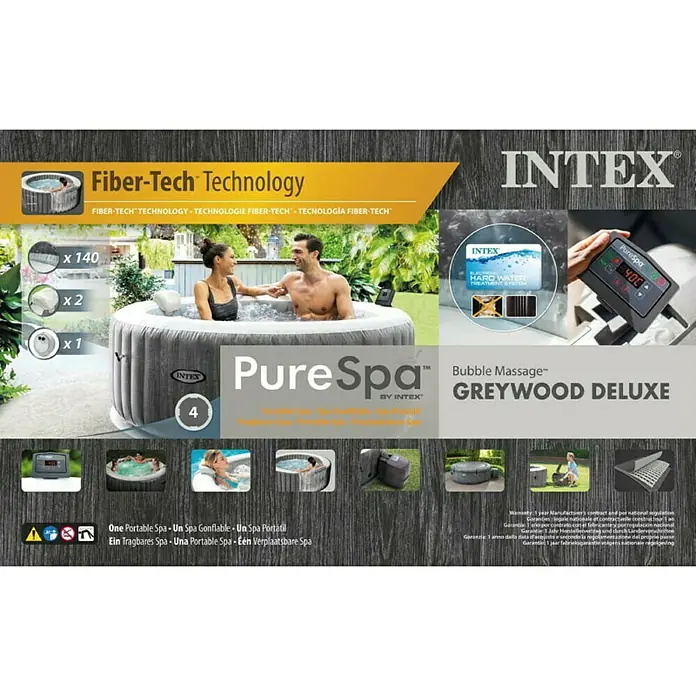 Intex Pure Spa Hidromasaje móvil Greywood Deluxe - Ø x Al: 196 x 71 cm, Gris/Blanco, 795 l - Imagen de un Intex PureSpa Greywood Deluxe con tecnología Fiber-Tech para momentos de relax.