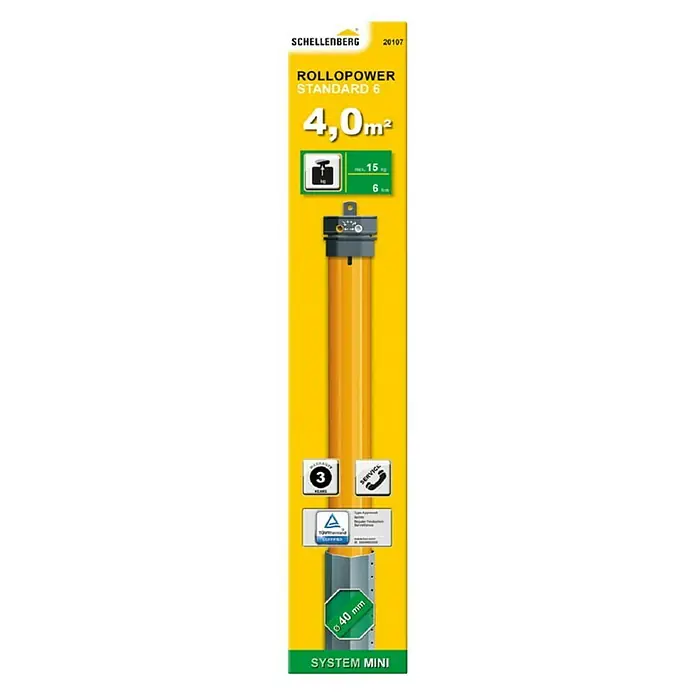Schellenberg Motor tubular Mini Standard - Fuerza de tracción: 6 kg - Imagen del motor mini para persianas enrollables Schellenberg RolloPower Standard 6, con una capacidad de 4,0m² y una fuerza de tracción máxima de 15kg.