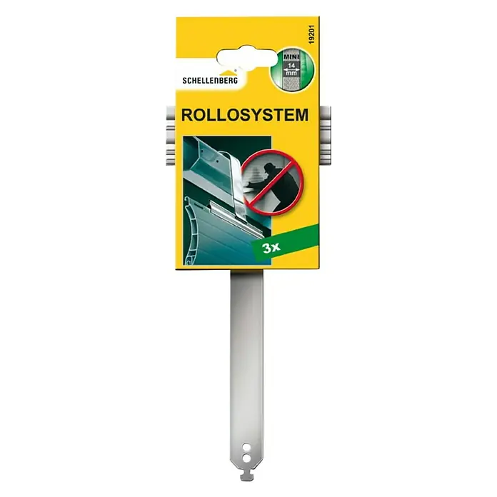 Schellenberg Fleje para persiana Mini - Anchura de la correa: 14 mm - Imagen del producto Schellenberg Rollosystem Mini, que consta de tres fijaciones para persianas enrollables que impiden que la persiana se empuje hacia arriba.