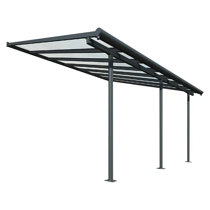 Palram – Canopia Terrassenüberdachung Sierra - B x T: 434 x 299 cm, Anthrazitgrau, Polycarbonat, Klar - Dieses Bild zeigt ein modernes Carport mit schlanken Säulen und einem stilvollen Dach, das Schutz vor Wettereinflüssen bietet.