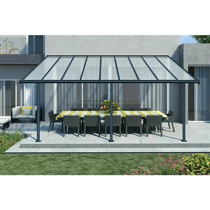 Palram – Canopia Terrassenüberdachung Sierra - B x T: 555 x 299 cm, Anthrazitgrau, Polycarbonat, Klar - Ein elegantes Terrassendach mit einer transparenten Bedachung und einem stabilen, dunklen Rahmen bietet Schutz und Stil für den Außenbereich.