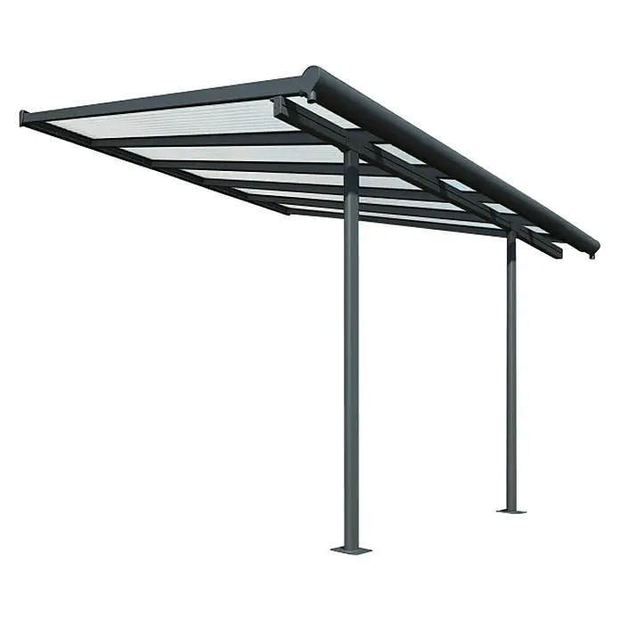 Palram – Canopia Terrassenüberdachung Sierra - B x T: 314 x 299 cm, Anthrazit, Polycarbonat, Klar - Das Bild zeigt eine moderne Fahrradüberdachung mit einem eleganten Design und robusten Metallstützen, ideal für den Aussenbereich.