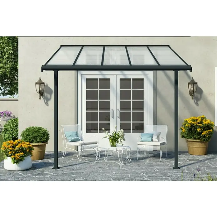 Palram – Canopia Marquesina adosada Sierra - An x Pr: 314 x 299 cm, Antracita, Policarbonato, Gris - Cubierta de patio con techo de policarbonato transparente y robustos postes de acero para mayor comodidad al aire libre.