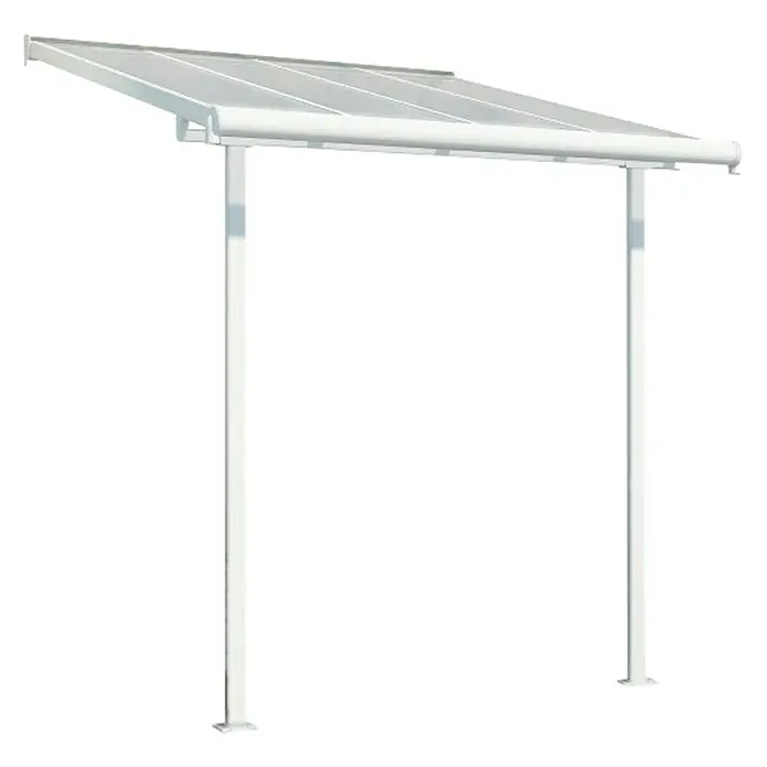 Palram – Canopia Marquesina adosada Sierra - An x Pr: 224,5 x 228 cm, Blanco, Policarbonato, Gris - La imagen muestra un carport blanco con techo plano y dos pilares de soporte. El carport ofrece protección contra el sol y la lluvia.