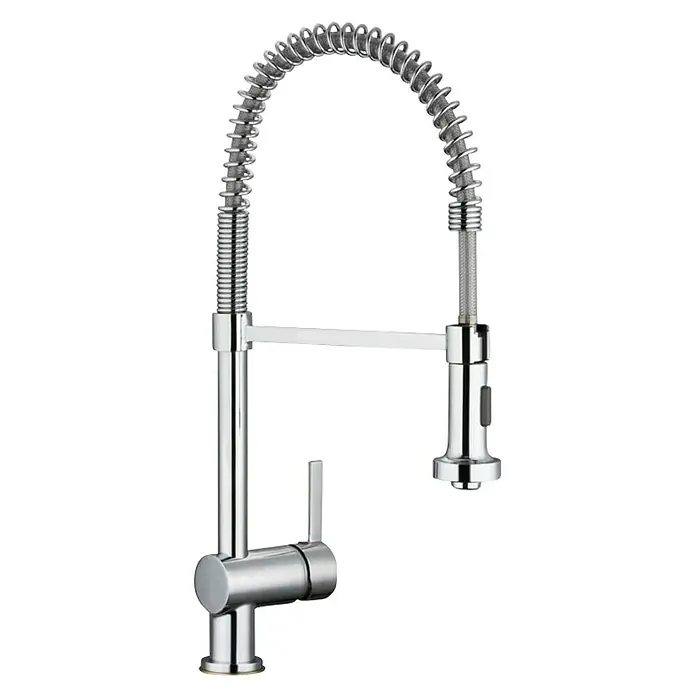 Camargue Grifo de cocina Valencia - Cromo, Brillante - Un grifo de cocina cromado brillante con pulverizador retráctil en espiral, perfecto para cocinas modernas. Proporciona flexibilidad y comodidad.