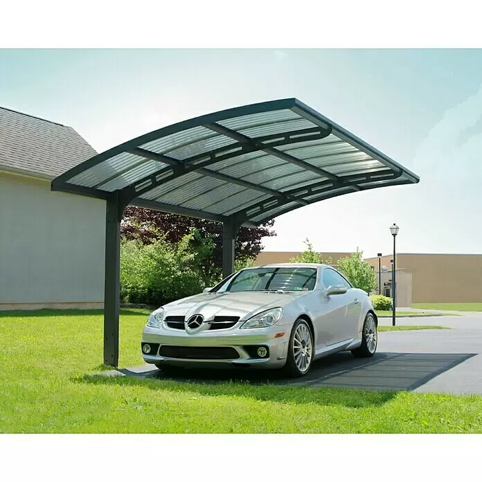 Palram – Canopia Carport Arizona Wave - Medidas ext. (An x Pr): 289 x 495 cm, Carport individual, Gris - Cochera negra con techo curvo de policarbonato ondulado transparente, cubriendo un coche plateado.
