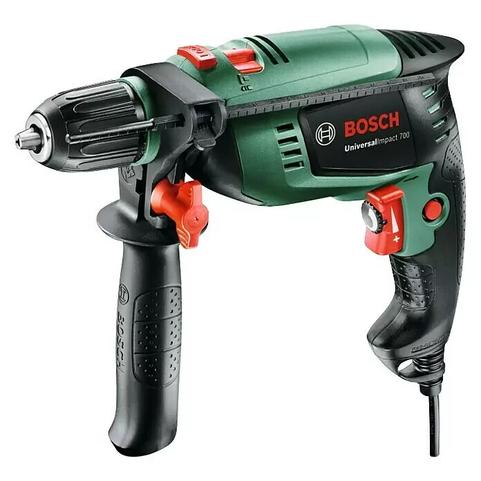Bosch Taladro percutor UniversalImpact 700 + set X-Line - 700 W, Número de revoluciones de marcha en vacío 1ª marcha: 3.000 r.p.m., Número máx. de impactos: 45.000 /min - Taladro percutor Bosch Universalimpact 700 verde y negro con empuñadura auxiliar ajustable.