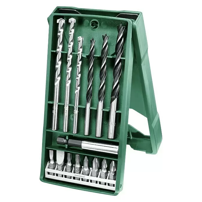 Bosch Taladro percutor UniversalImpact 700 + set X-Line - 700 W, Número de revoluciones de marcha en vacío 1ª marcha: 3.000 r.p.m., Número máx. de impactos: 45.000 /min - Estuche verde con brocas plateadas y negres para mampostería y madera, más varias puntas de destornillador.