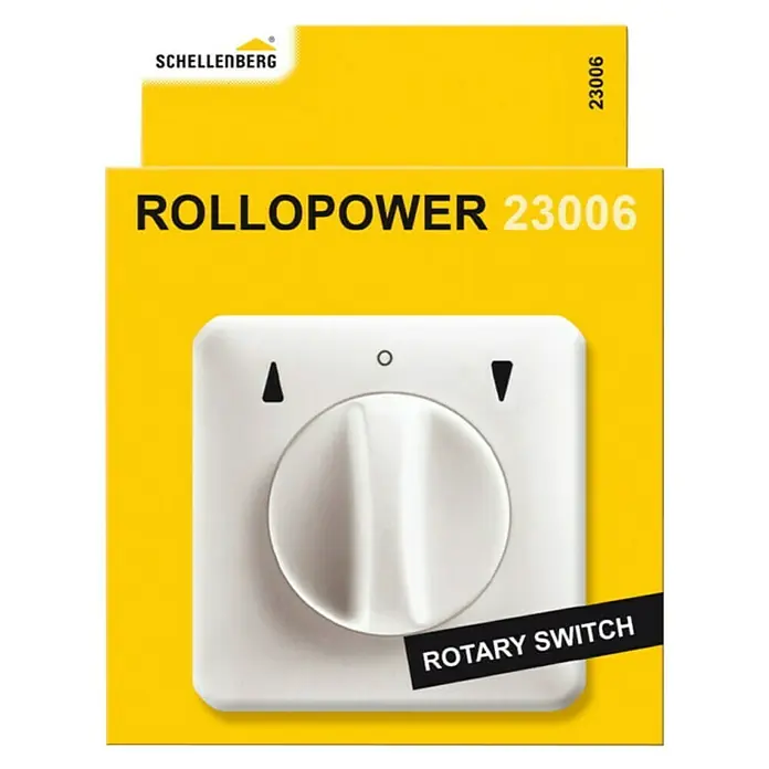 Schellenberg Interruptor para persianas 23006 - Blanco, Para interior - Interruptor rotatorio para persianas enrollables Schellenberg RolloPower 23006. Interruptor blanco sobre embalaje amarillo con logo Schellenberg.