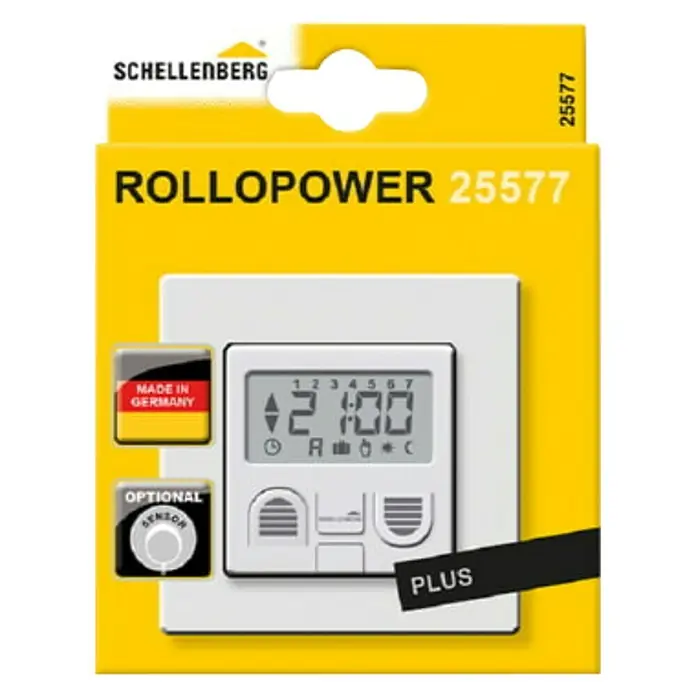 Schellenberg Rollodrive Temporizador Plus - An x L: 80 x 80 mm, Blanco, Empotrado, Específico para: Persianas enrollables - Imagen de un interruptor temporizador Schellenberg RolloPower 25577 con la nota "Made in Germany" y el banner negro "Plus".