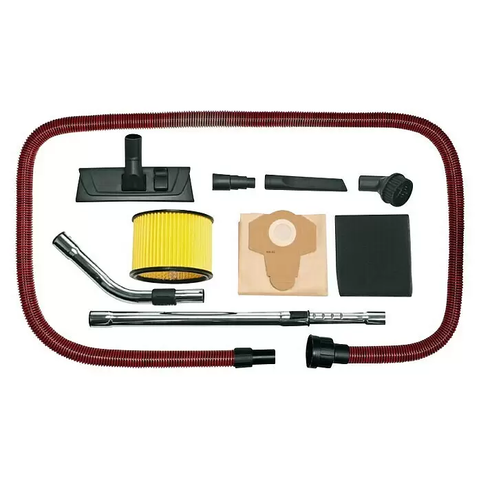 Einhell PXC 18V Aspirador en seco y húmedo de batería TE-VC 36/30 Li S-Solo - 18 V, Sin batería, Volumen de recipiente: 30 l - Surtido de accesorios de aspiradora negros y rojos: manguera, boquillas, tubos, filtro plisado amarillo, bolsa de papel y filtro de espuma.