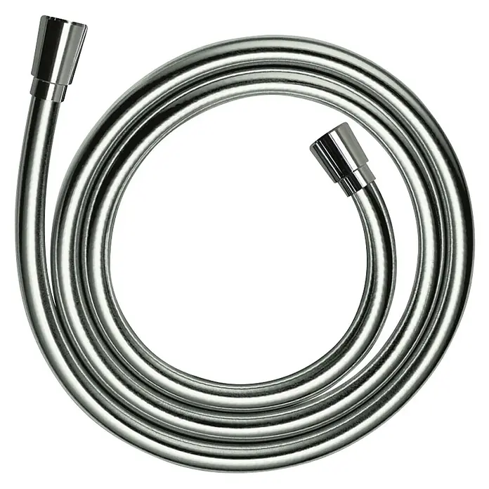 Hansgrohe Brauseschlauch Isiflex - Länge: 160 cm, Anschlüsse: ½″, Kunststoff - Chromfarbener Duschschlauch mit glänzenden Endstücken, auf schwarzem Hintergrund drapiert und aufgerollt.