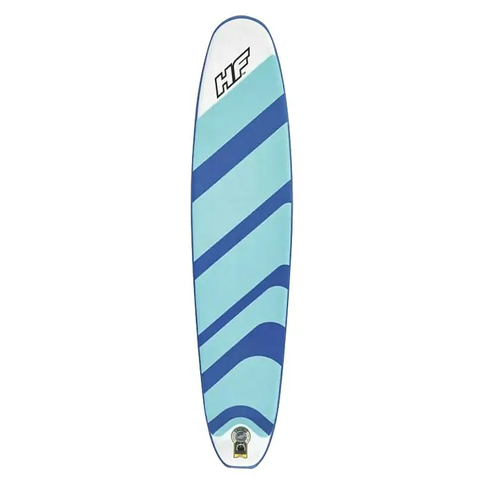 Bestway Hydro Force Paddle surf Compact 8 - L x An x Al: 244 x 57 x 7 cm, Carga útil: 90 kg, Hinchable, 1 ud. - Una llamativa tabla de surf con rayas azules claras y azules oscuras, perfecta para los días soleados en la playa. Logotipo HF.