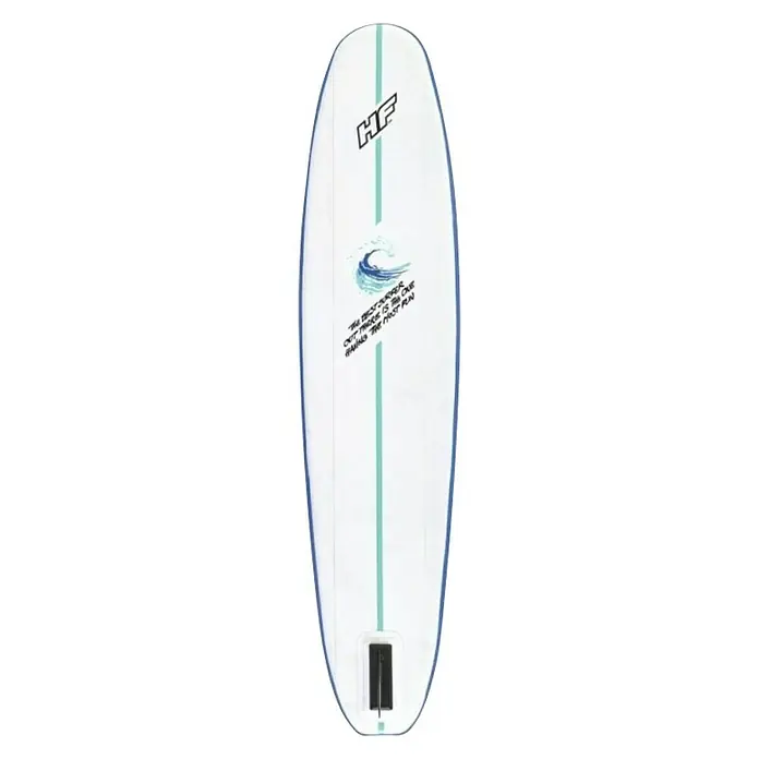 Bestway Hydro Force Paddle surf Compact 8 - L x An x Al: 244 x 57 x 7 cm, Carga útil: 90 kg, Hinchable, 1 ud. - En la imagen se ve una tabla de surf blanca con un borde azul, una franja verde y las letras "HF". Es ideal para los surfistas.