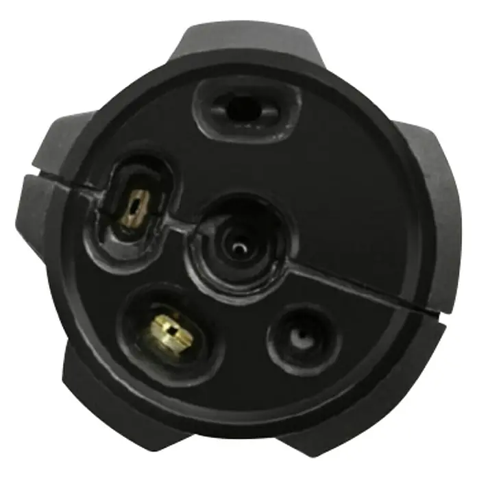 Kärcher Boquilla de alta presión Multi-Power-Jet - 5 patrones de aerosol, Específico para: Hidrolimpiadoras de alta presión Kärcher K3 - K5 - Primer plano de una unidad de alimentación negra con cinco aberturas diseñadas para alojar varios tipos de enchufes.