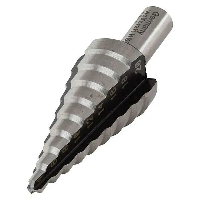 Wolfcraft Stufenbohrer - Stahl, Durchmesser: 4 mm - 20 mm - Stufenbohrer der Marke Wolfcraft, ideal zum Bohren verschiedener Lochgrößen in Metall. Das Werkzeug ist robust und präzise.