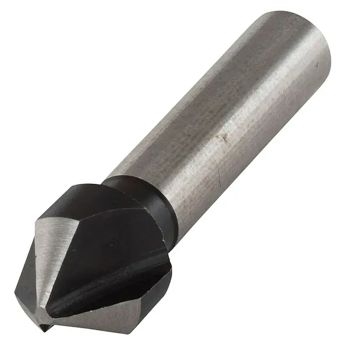 Wolfcraft Kegelsenker - Durchmesser: 12 mm, Stahl, Rundschaft - Eine Nahaufnahme eines Senkbohrers, der für präzise Senkungen und Entgratungen verwendet wird. Ideal für Holz-, Metall- und Kunststoffbearbeitung.