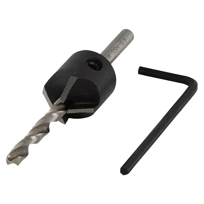 Wolfcraft Broca para madera - 2 ud., Diámetro de la broca: 16 mm - La imagen muestra una broca avellanadora junto con una llave Allen, sobre un fondo negro.
