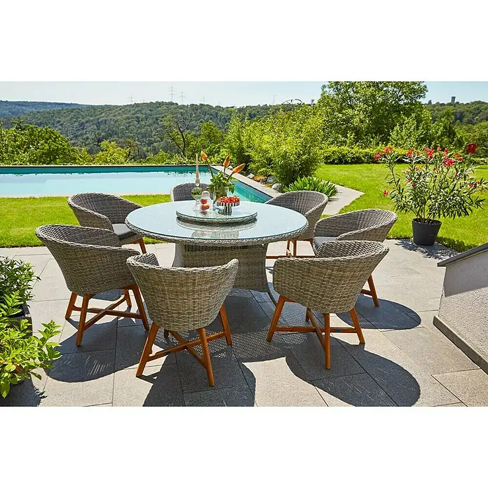 Sunfun Pauline Sillón de jardín Pauline - An x Pr x Al: 62 x 70 x 80 cm, Madera maciza, Bambus Grey, Antracita, Marrón natural - Mesa de comedor redonda con tapa de cristal y seis sillas de mimbre con patas de madera en el exterior. Ideal para comidas al aire libre.