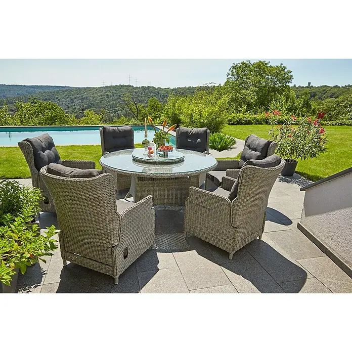 Sunfun Pauline Sillón de jardín Pauline - An x Pr x Al: 64 x 81 x 101 cm, Gris - Lujoso juego de muebles de jardín con mesa redonda y seis sillones con cojines grises para relajarse al aire libre.
