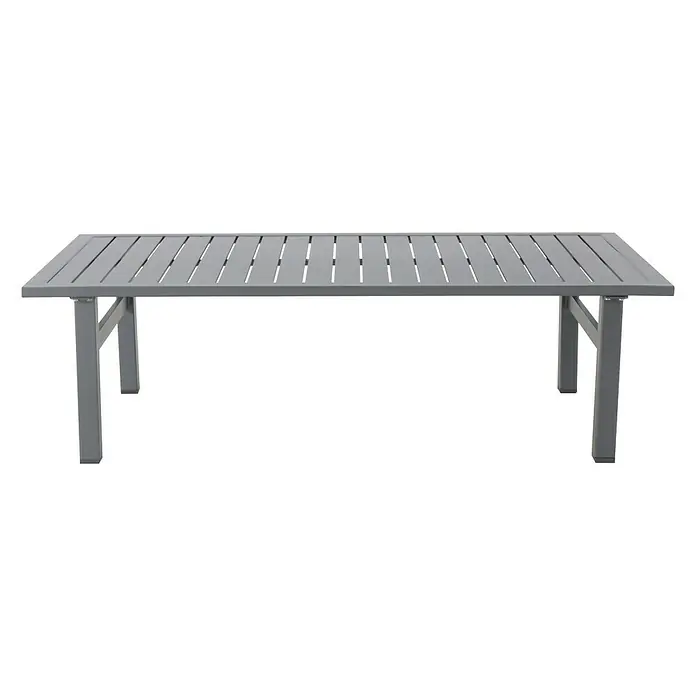 Sunfun Maja Garten-Couchtisch - L x B x H: 122 x 60 x 36 cm, Anthrazit - Das Bild zeigt einen modernen grauen Gartentisch mit Lattenrost. Der Tisch hat ein schlichtes Design und robuste Beine. Ideal für den Außenbereich.
