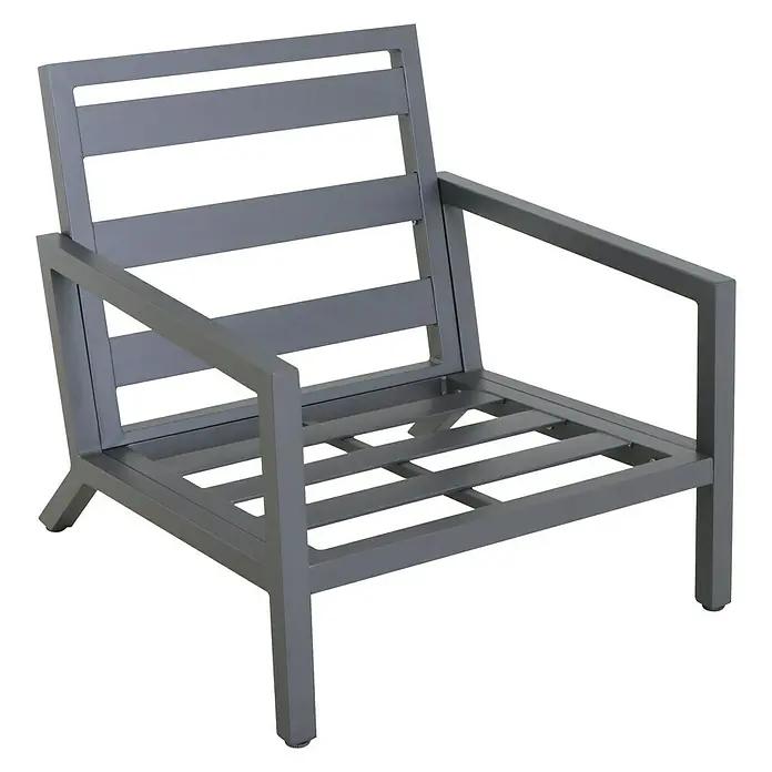 Sunfun Maja Sillón de exterior - An x Pr x Al: 85 x 76,5 x 76,5 cm, Aluminio/Poliéster, Antracita - Imagen de un conjunto de sillas de patio grises con diseño de listones abiertos para exteriores.