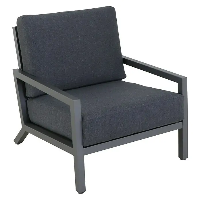 Sunfun Maja Sillón de exterior - An x Pr x Al: 85 x 76,5 x 76,5 cm, Aluminio/Poliéster, Antracita - Un sofá individual gris con cojines gruesos y un marco robusto. El sofá individual es perfecto para relajarse.