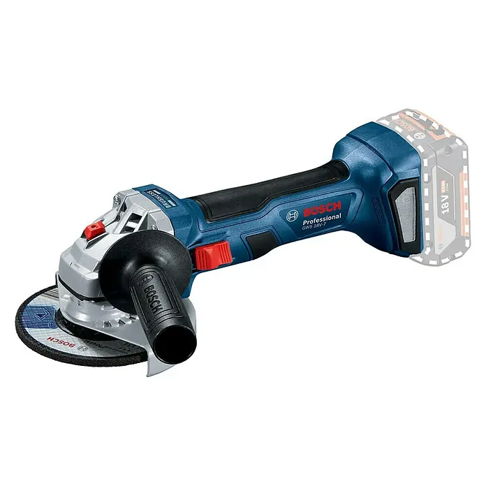 Bosch Professional AMPShare 18V Akku-Winkelschleifer GWS 18V-7 - 18 V, Ohne Akku, Durchmesser Scheibe: 125 mm - Akkubetriebener Bosch GWS 18V-7 Professional Winkelschleifer mit blau-schwarzem Gehäuse und Schleifscheibe.